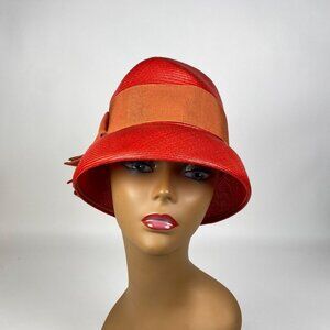 Vintage Ladies Cloche Bucket Hat Red with Orange Ribbon Bow Detail Derby Church